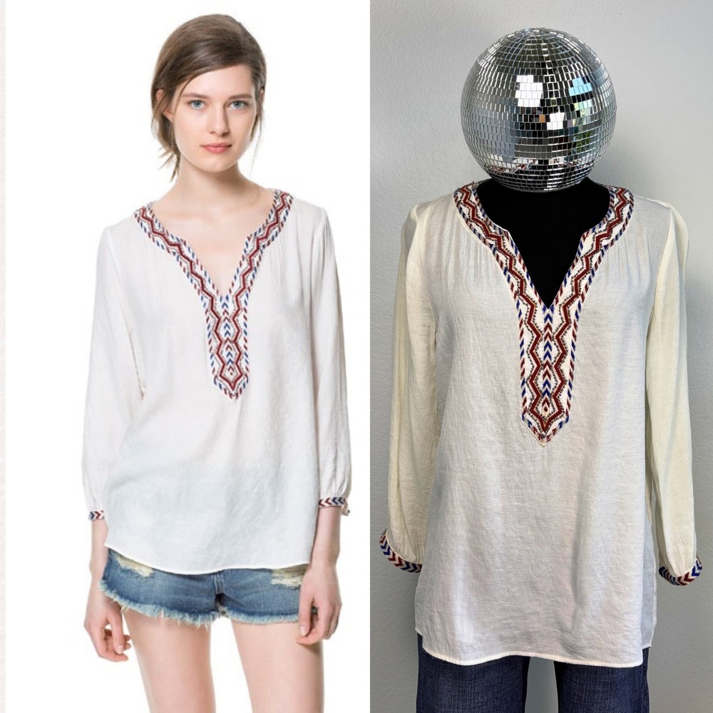 Zara Basic Embroidered Beaded V-Neck Tunic Blouse Top | Small White‎ Boho travel